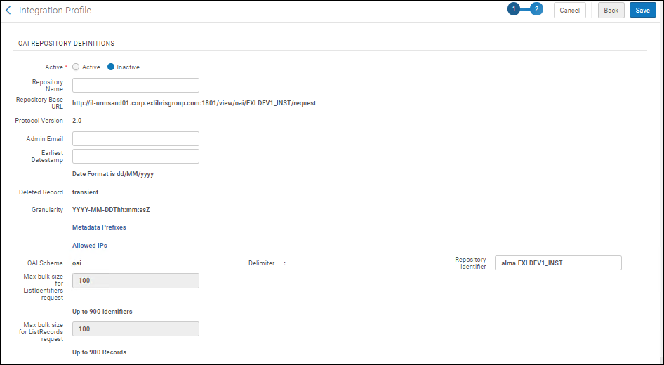 Integration Profile Wizard Page 2 (Parameters)